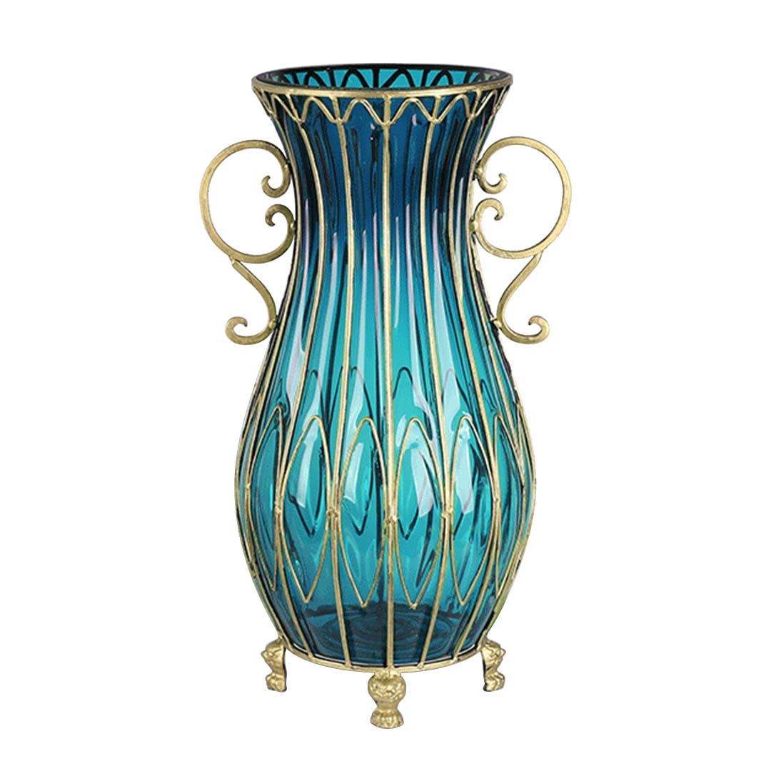 Premium 51cm Blue Glass Oval Floor Vase with Metal Flower Stand - image1