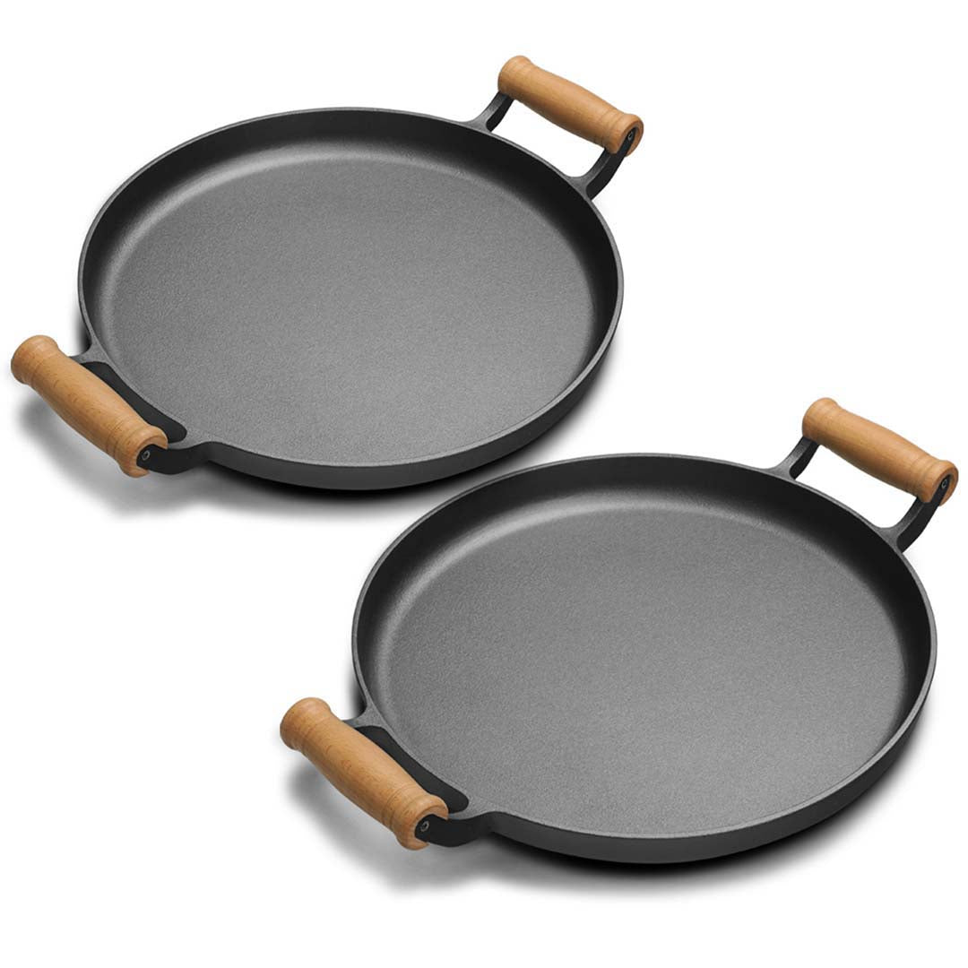 Premium 2X 31cm Cast Iron Frying Pan Skillet Steak Sizzle Fry Platter With Wooden Handle No Lid - image1