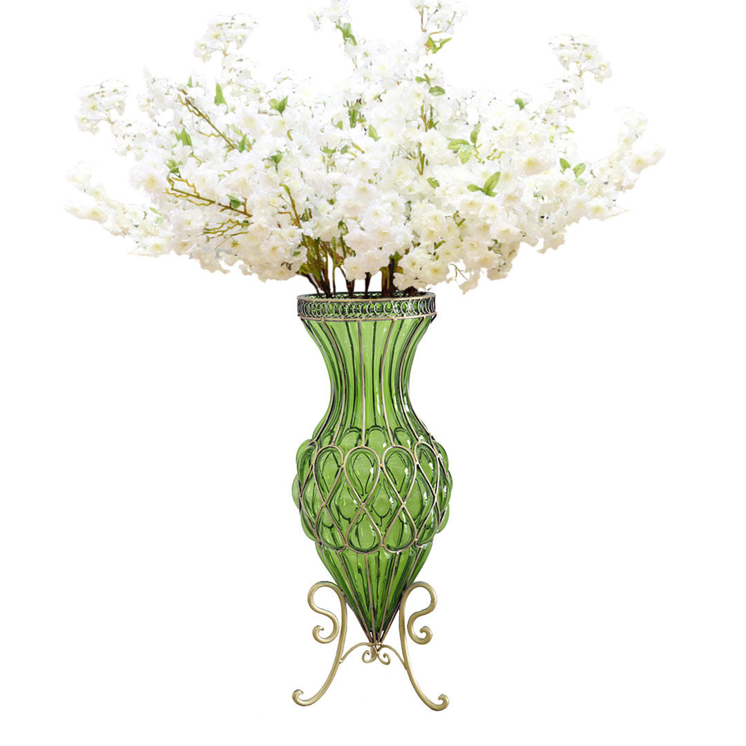 Premium 67cm Green Glass Tall Floor Vase with 10pcs White Artificial Fake Flower Set - image1