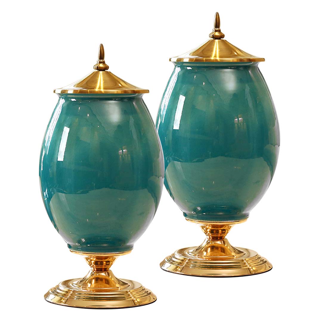 Premium 2x 40cm Ceramic Oval Flower Vase with Gold Metal Base Green - image1