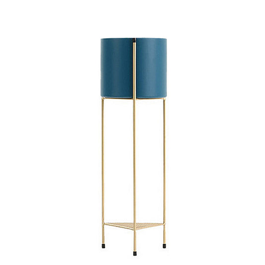 Premium 2 Layer 65cm Gold Metal Plant Stand with Blue Flower Pot Holder Corner Shelving Rack Indoor Display - image1