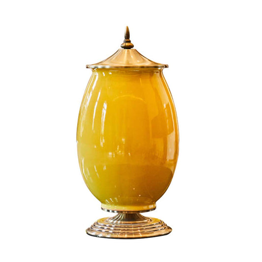 Premium 40cm Ceramic Oval Flower Vase with Gold Metal Base Yellow - image1