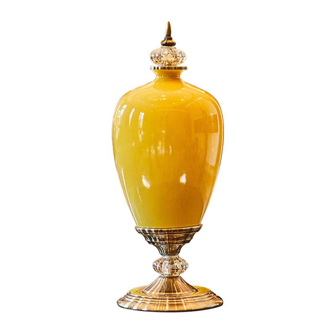 Premium 42cm Ceramic Oval Flower Vase with Gold Metal Base Yellow - image1