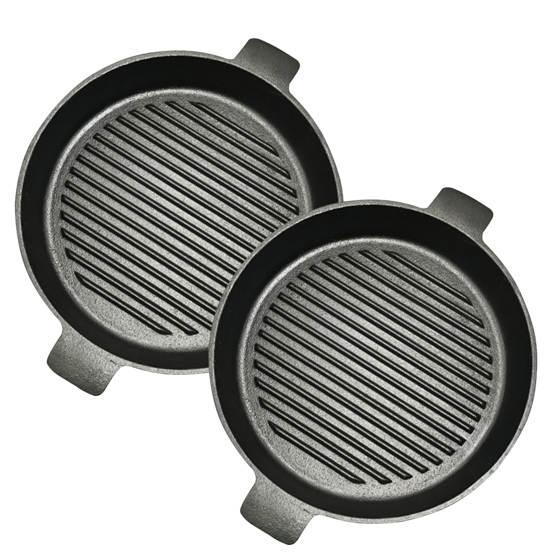 Premium 2X 26cm Round Ribbed Cast Iron Frying Pan Skillet Steak Sizzle Platter with Handle - image1