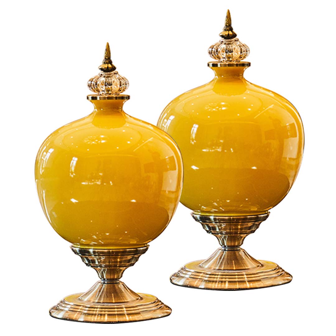 Premium 2x 38cm Ceramic Oval Flower Vase with Gold Metal Base Yellow - image1