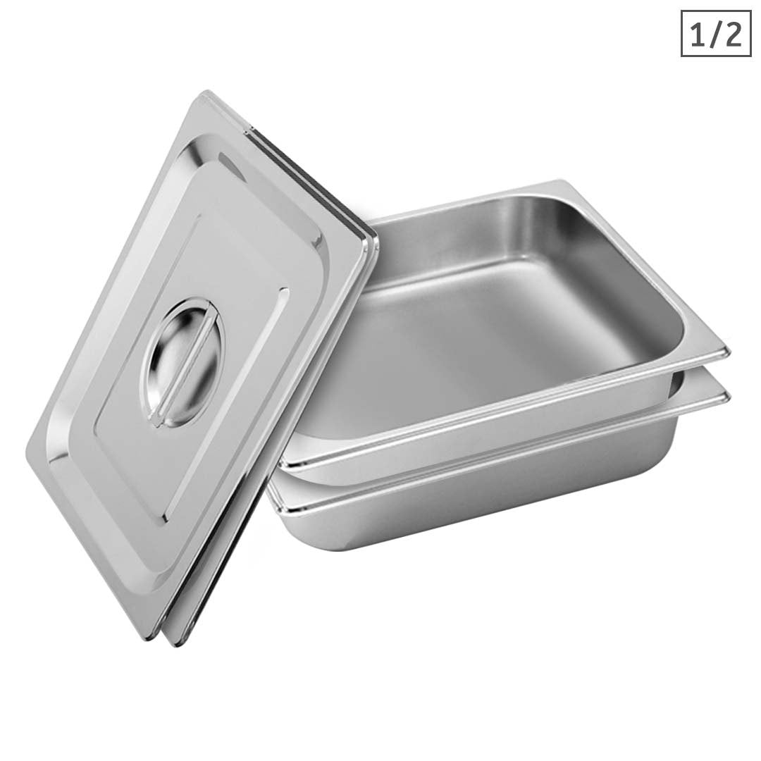 Premium 2X Gastronorm GN Pan Full Size 1/2 GN Pan 6.5cm Deep Stainless Steel Tray With Lid - image1