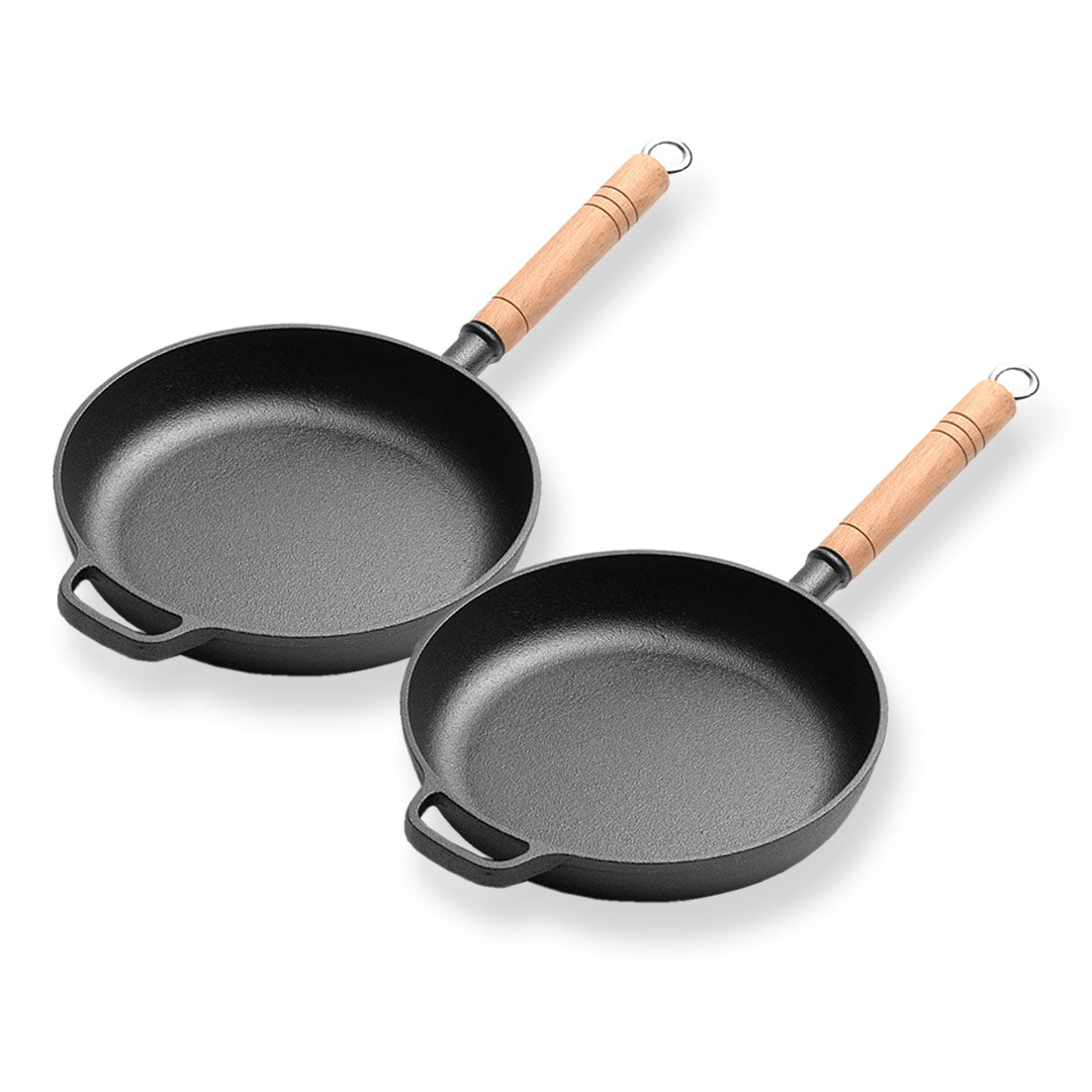 Premium 2X 27cm Round Cast Iron Frying Pan Skillet Steak Sizzle Platter with Helper Handle - image1