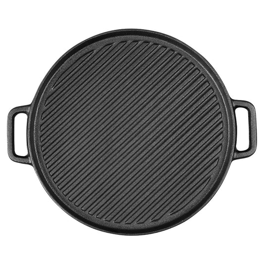 Premium 30cm Round Cast Iron Ribbed BBQ Pan Skillet Steak Sizzle Platter with Handle - image1
