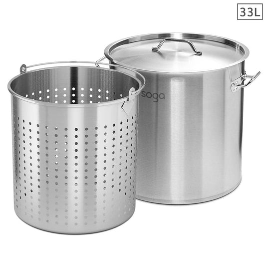 Premium 33L 18/10 Stainless Steel Stockpot with Perforated Stock pot Basket Pasta Strainer - image1