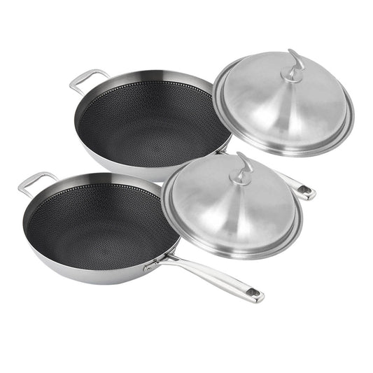 Premium 2X 18/10 Stainless Steel Fry Pan 34cm Frying Pan Top Grade Textured Non Stick Interior Skillet with Helper Handle and Lid - image1