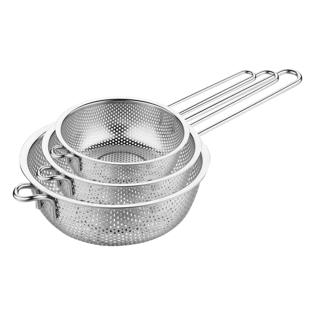 Stainless Steel Perforated Colander Fine Mesh Net Food Strainer Basket with Handle Skimmer Sieve Set - image1