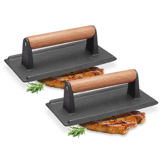 Premium 2X Cast Iron Bacon Meat Steak Press Grill BBQ with Wood Handle Weight Plate - image1