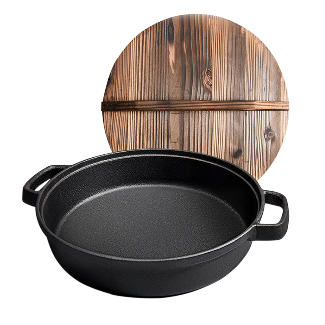 Premium 33cm Round Cast Iron Pre-seasoned Deep Baking Pizza Frying Pan Skillet with Wooden Lid - image1