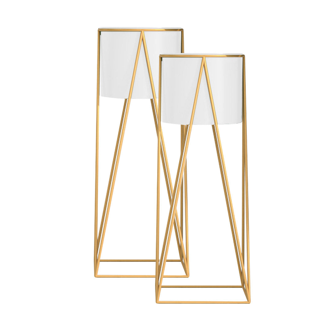 Premium 2X 50cm Gold Metal Plant Stand with White Flower Pot Holder Corner Shelving Rack Indoor Display - image1