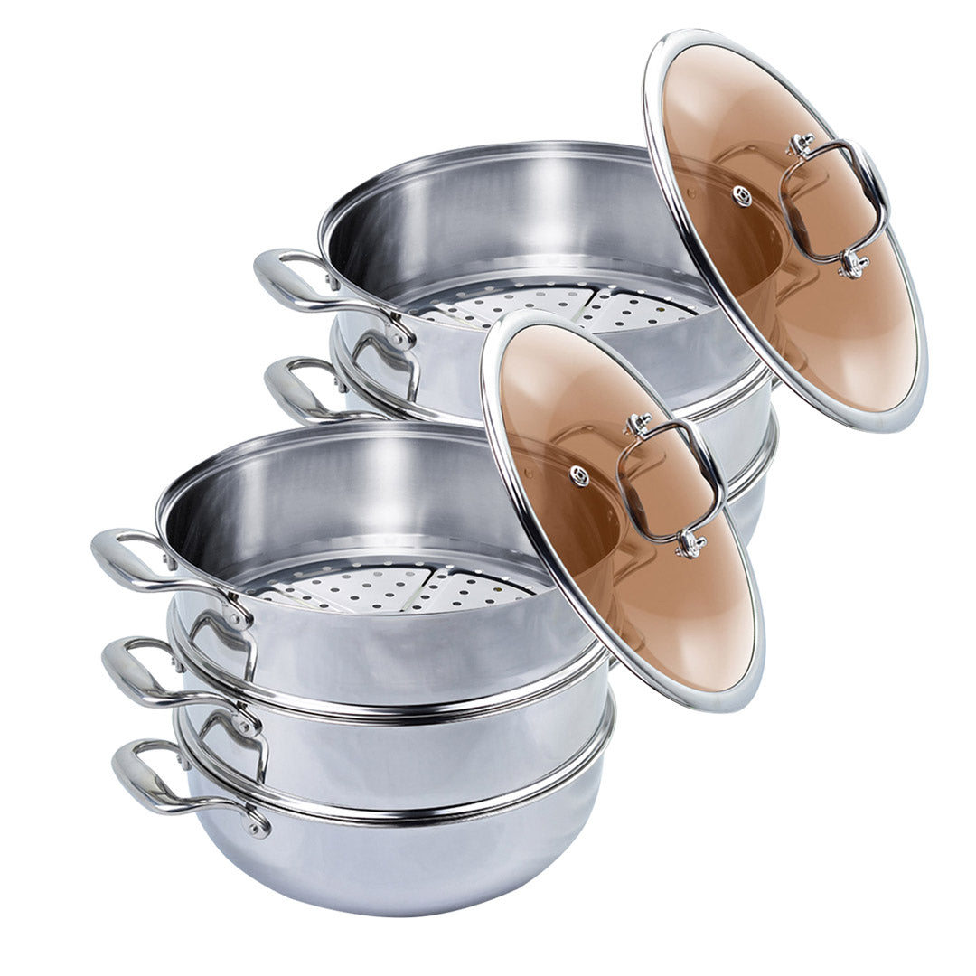 Premium 2X 3 Tier 30cm Heavy Duty Stainless Steel Food Steamer Vegetable Pot Stackable Pan Insert with Glass Lid - image1