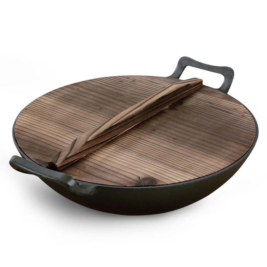 Premium 36CM Commercial Cast Iron Wok FryPan with Wooden Lid Fry Pan - image1