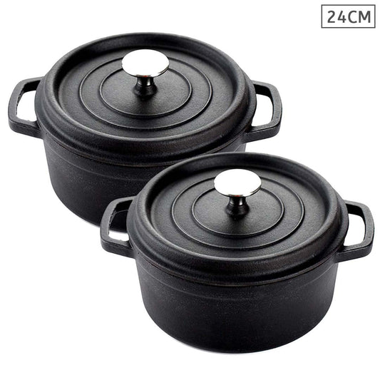 Premium 2X Cast Iron 24cm Stewpot Casserole Stew Cooking Pot With Lid Black - image1