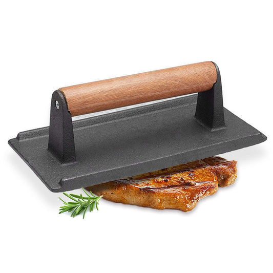 Premium Cast Iron Bacon Meat Steak Press Grill BBQ with Wood Handle Weight Plate - image1