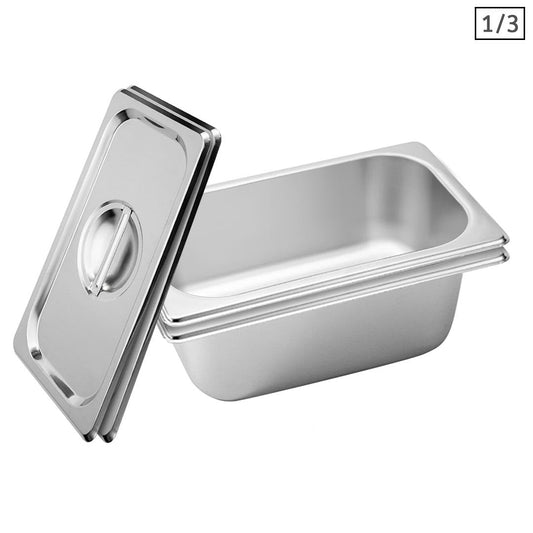 Premium 2X Gastronorm GN Pan Full Size 1/3 GN Pan 10cm Deep Stainless Steel Tray with Lid - image1