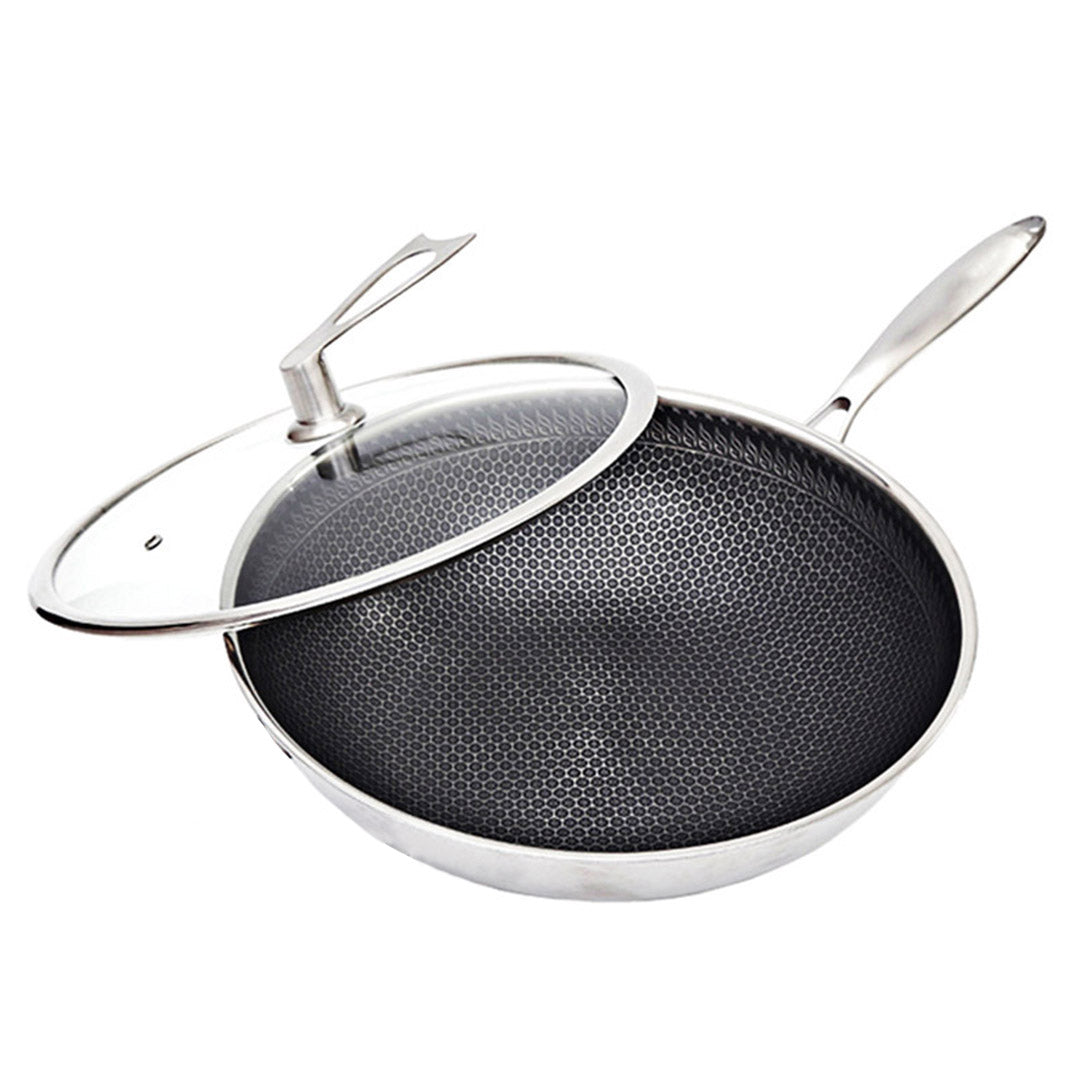 Premium 32cm Stainless Steel Tri-Ply Frying Cooking Fry Pan Textured Non Stick Interior Skillet with Glass Lid - image1