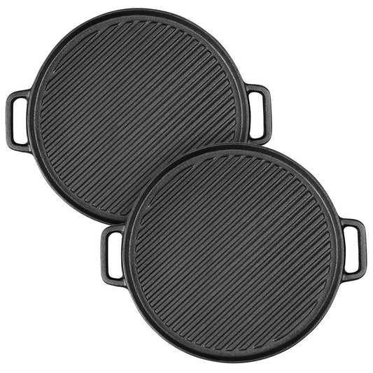 Premium 2X 30cm Round Cast Iron Ribbed BBQ Pan Skillet Steak Sizzle Platter with Handle - image1