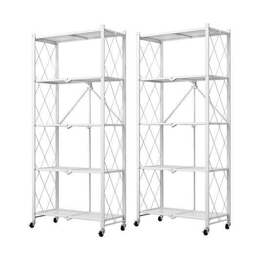 Premium 2X 5 Tier Steel White Foldable Kitchen Cart Multi-Functional Shelves Portable Storage Organizer with Wheels - image1