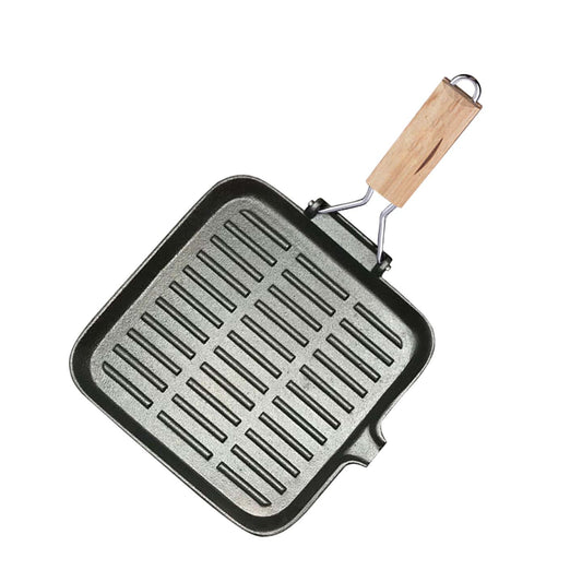 Premium 28cm Ribbed Cast Iron Square Steak Frying Grill Skillet Pan with Folding Wooden Handle - image1