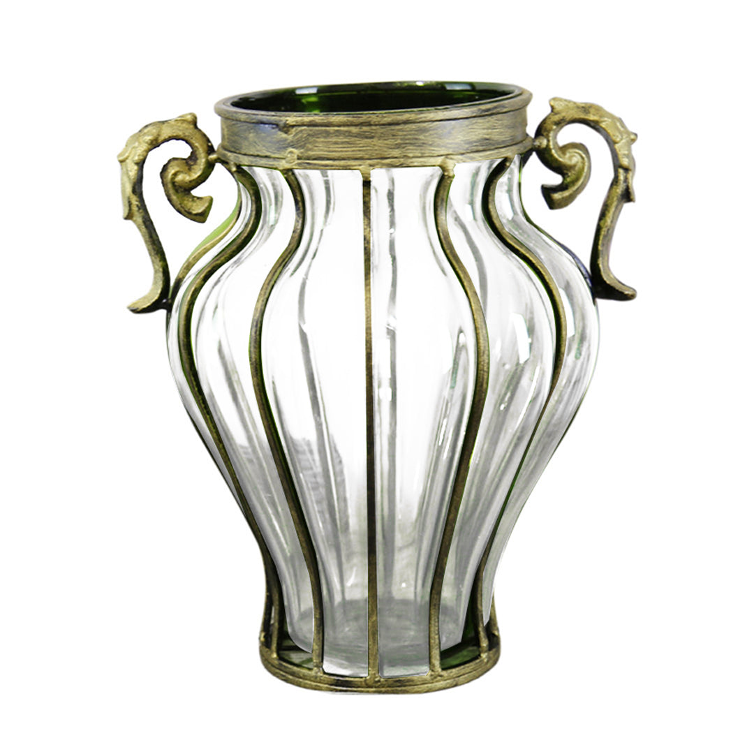 Premium Clear European Glass Home Decor Flower Vase with Two Metal Handle - image1