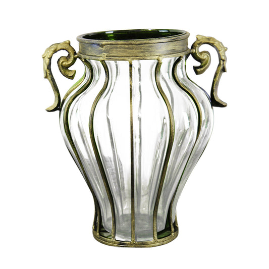 Premium Clear European Glass Home Decor Flower Vase with Two Metal Handle - image1