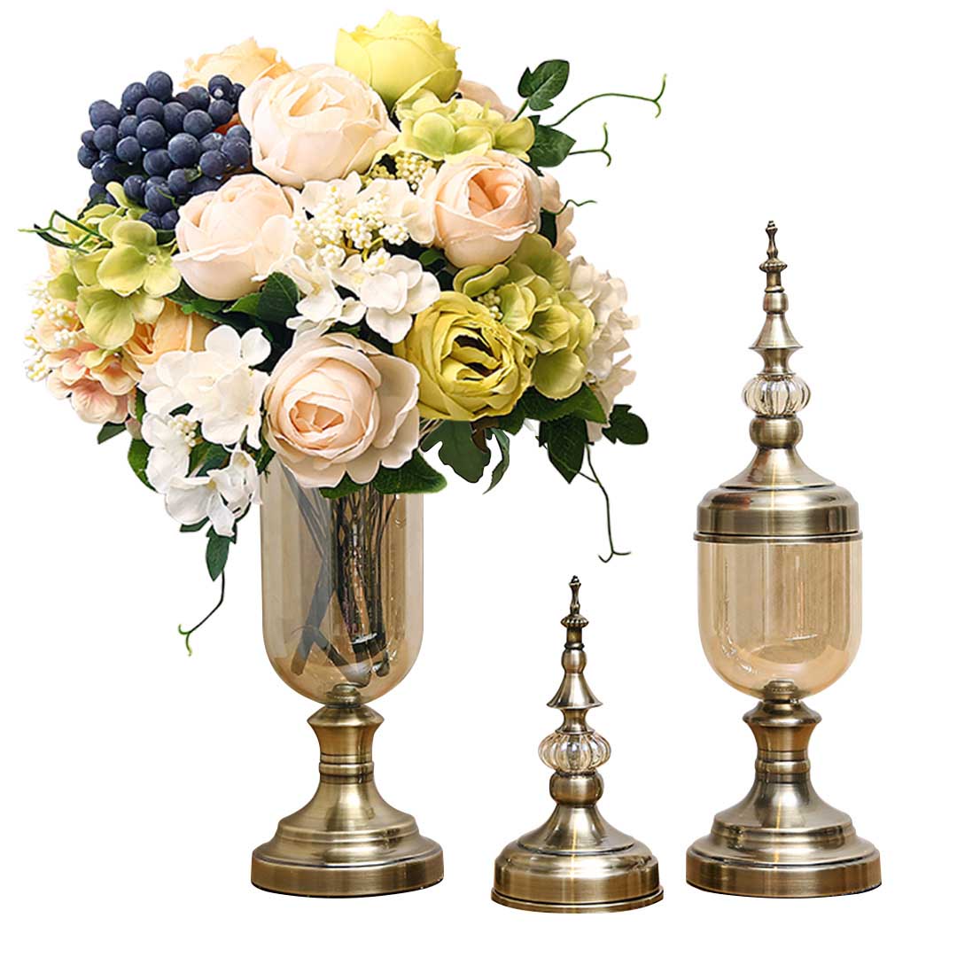 Premium 2x Clear Glass Flower Vase with Lid and White Flower Filler Vase Bronze Set - image1