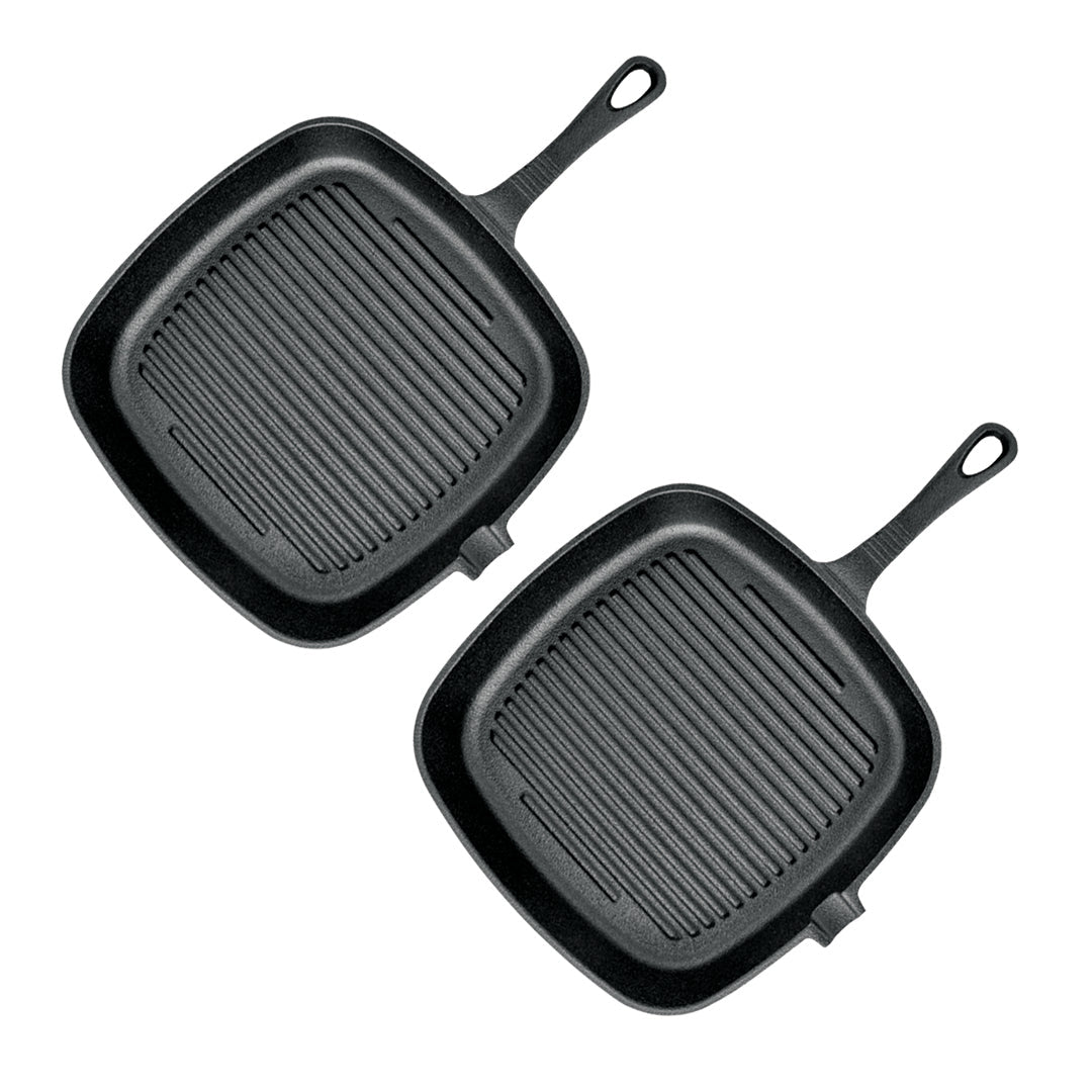 Premium 2X 23.5cm Square Ribbed Cast Iron Frying Pan Skillet Steak Sizzle Platter with Handle - image1