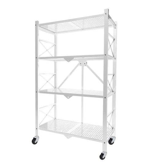 Premium 4 Tier Steel White Foldable Display Stand Multi-Functional Shelves Portable Storage Organizer with Wheels - image1