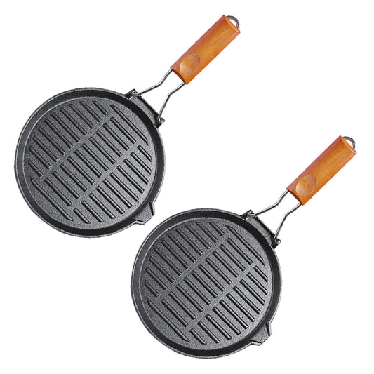 Premium 2X 24cm Round Ribbed Cast Iron Steak Frying Grill Skillet Pan with Folding Wooden Handle - image1