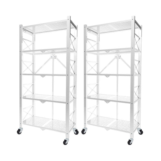 Premium 2X 5 Tier Steel White Foldable Display Stand Multi-Functional Shelves Portable Storage Organizer with Wheels - image1