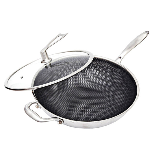 Premium 34cm Stainless Steel Tri-Ply Frying Cooking Fry Pan Textured Non Stick Skillet with Glass Lid and Helper Handle - image1