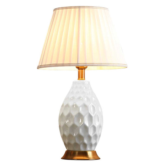 Premium Textured Ceramic Oval Table Lamp with Gold Metal Base White - image1
