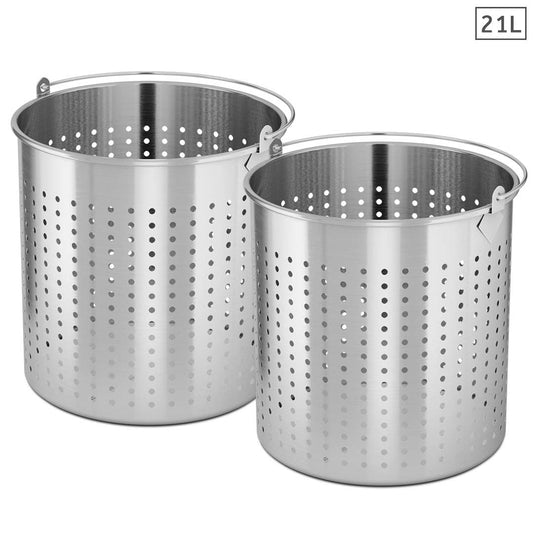 Premium 2X 21L 18/10 Stainless Steel Perforated Stockpot Basket Pasta Strainer with Handle - image1