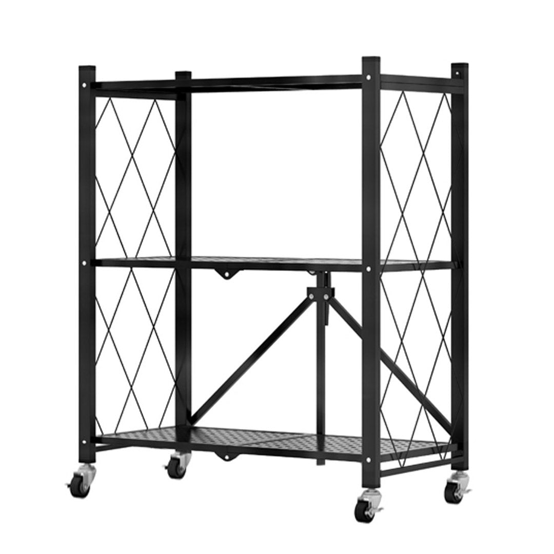 Premium 3 Tier Steel Black Foldable Kitchen Cart Multi-Functional Shelves Portable Storage Organizer with Wheels - image1