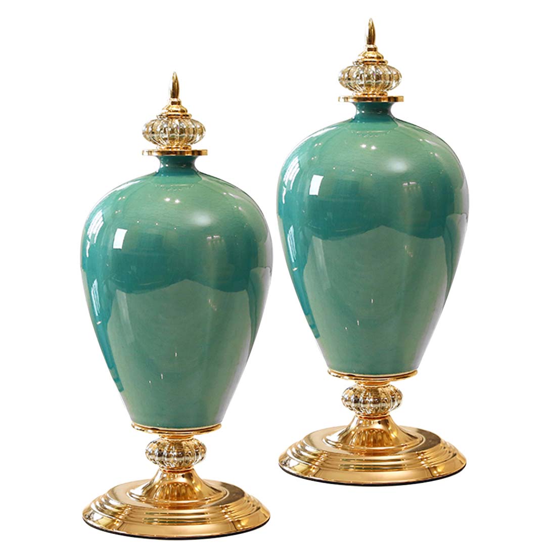 Premium 2x 42cm Ceramic Oval Flower Vase with Gold Metal Base Green - image1