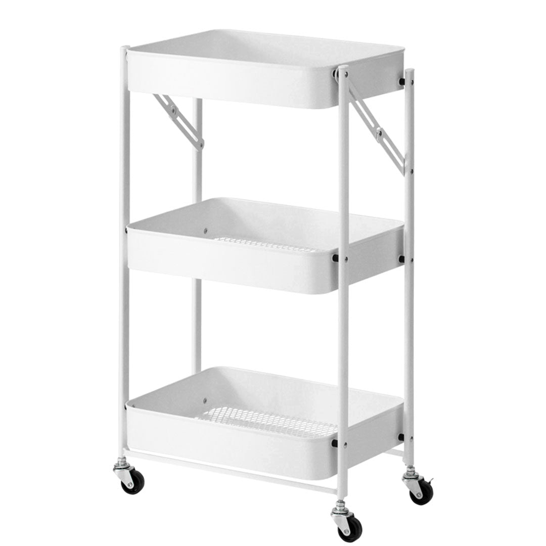 Premium 3 Tier Steel White Foldable Kitchen Cart Multi-Functional Shelves Portable Storage Organizer with Wheels - image1