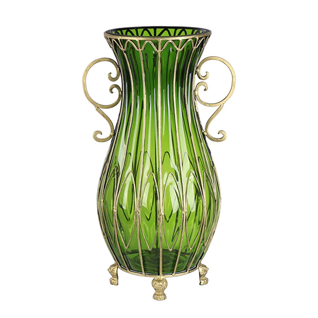 Premium 51cm Green Glass Oval Floor Vase with Metal Flower Stand - image1