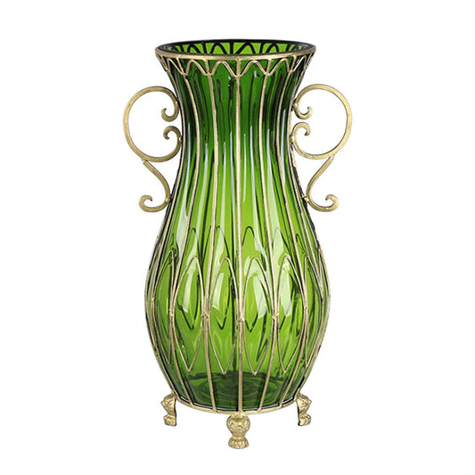 Premium 51cm Green Glass Oval Floor Vase with Metal Flower Stand - image1