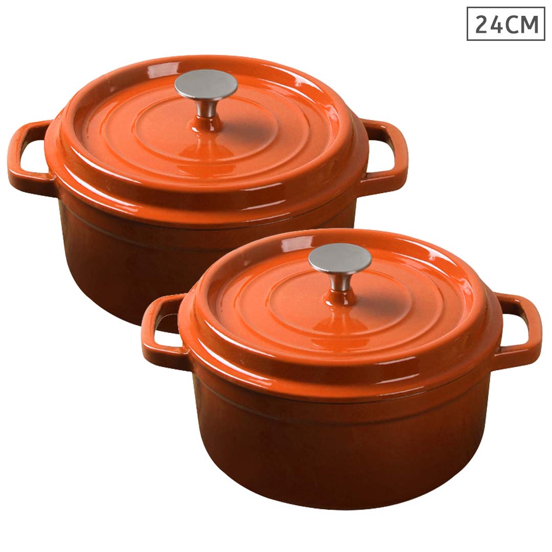 Premium 2X Cast Iron 24cm Enamel Porcelain Stewpot Casserole Stew Cooking Pot With Lid Orange - image1