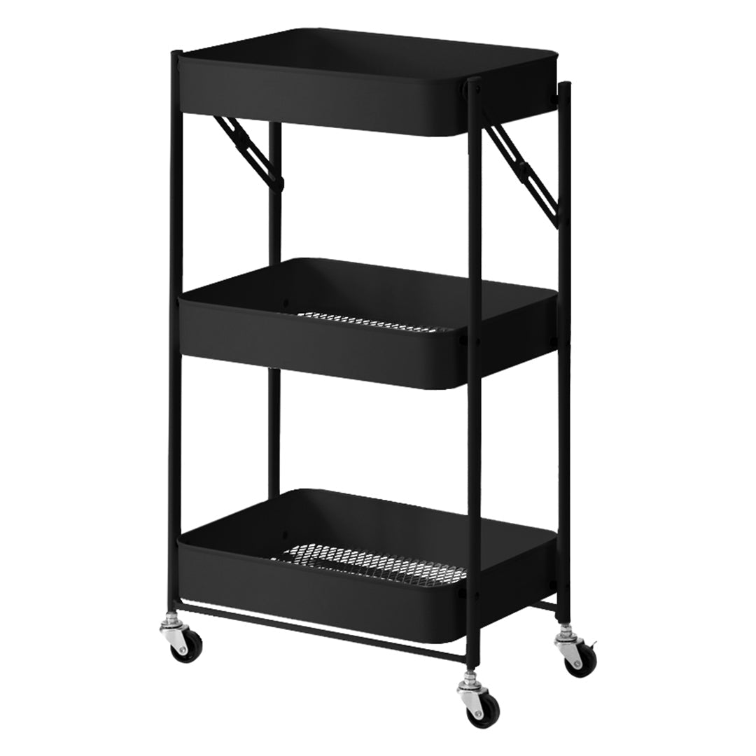 Premium 3 Tier Steel Black Foldable Kitchen Cart Multi-Functional Shelves Portable Storage Organizer with Wheels - image1