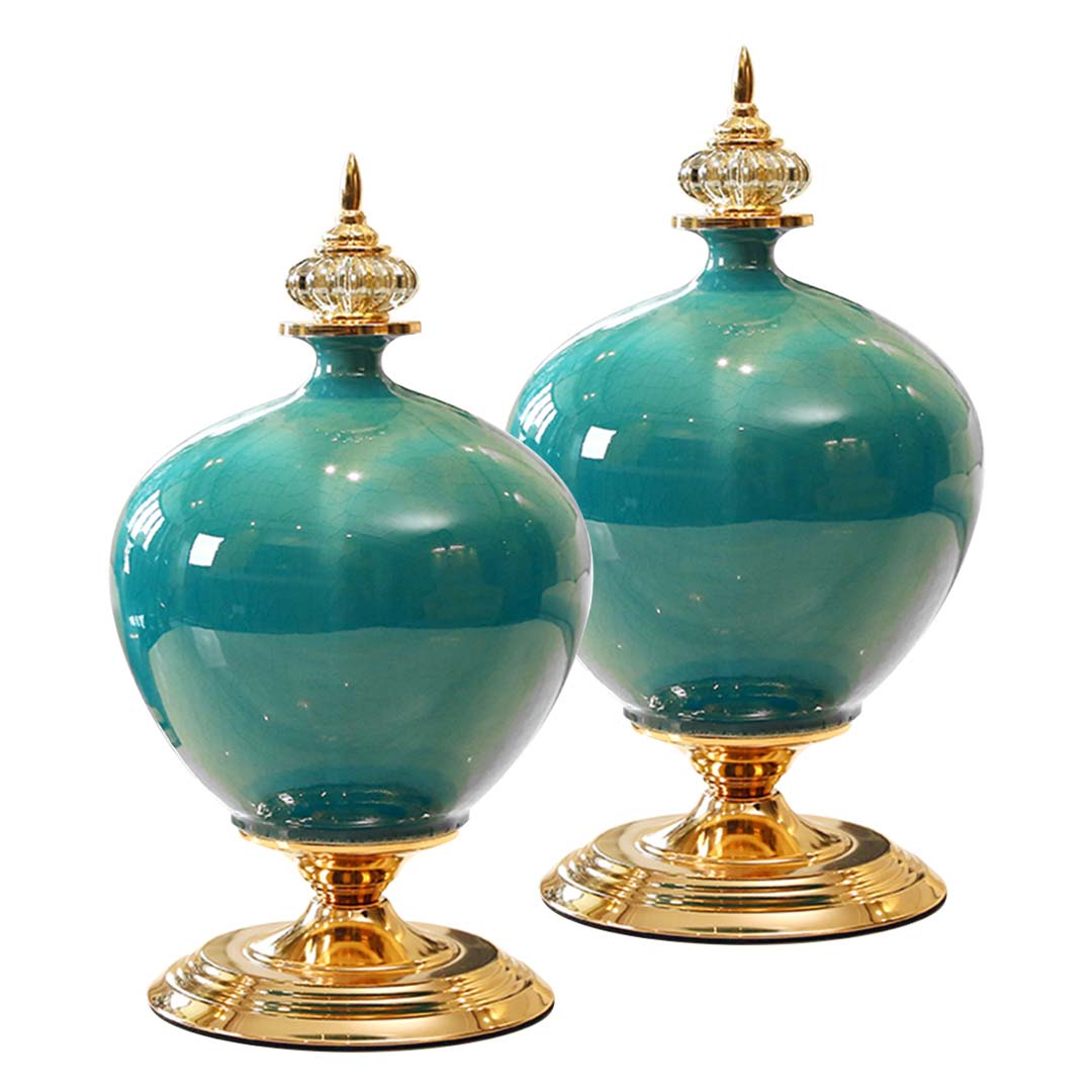 Premium 2x 38cm Ceramic Oval Flower Vase with Gold Metal Base Green - image1