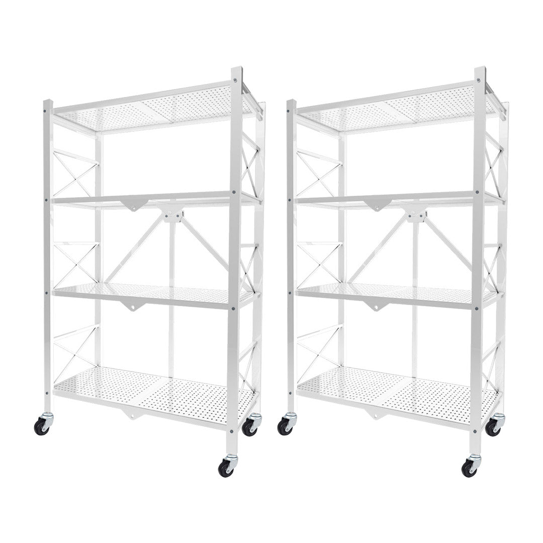 Premium 2X 4 Tier Steel White Foldable Display Stand Multi-Functional Shelves Portable Storage Organizer with Wheels - image1