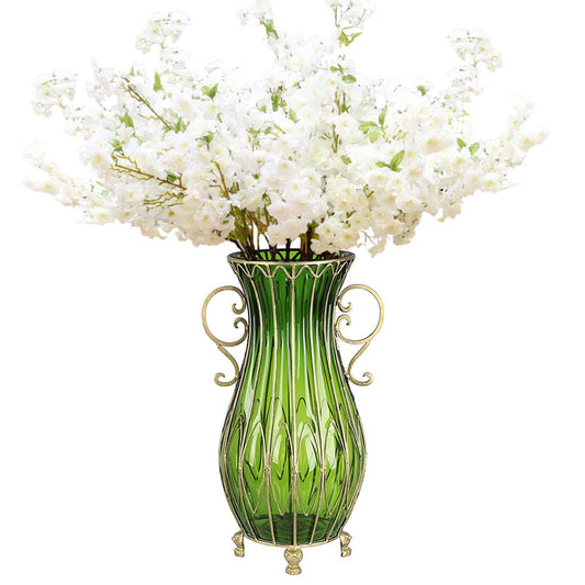 Premium 51cm Green Glass Tall Floor Vase and 10pcs White Artificial Fake Flower Set - image1