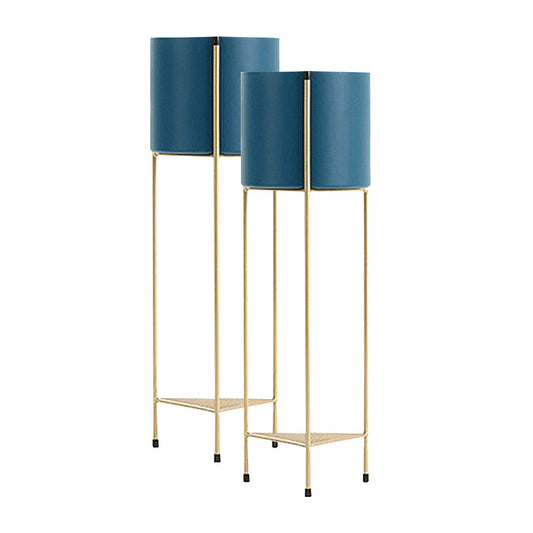 Premium 2X 2 Layer 65cm Gold Metal Plant Stand with Blue Flower Pot Holder Corner Shelving Rack Indoor Display - image1