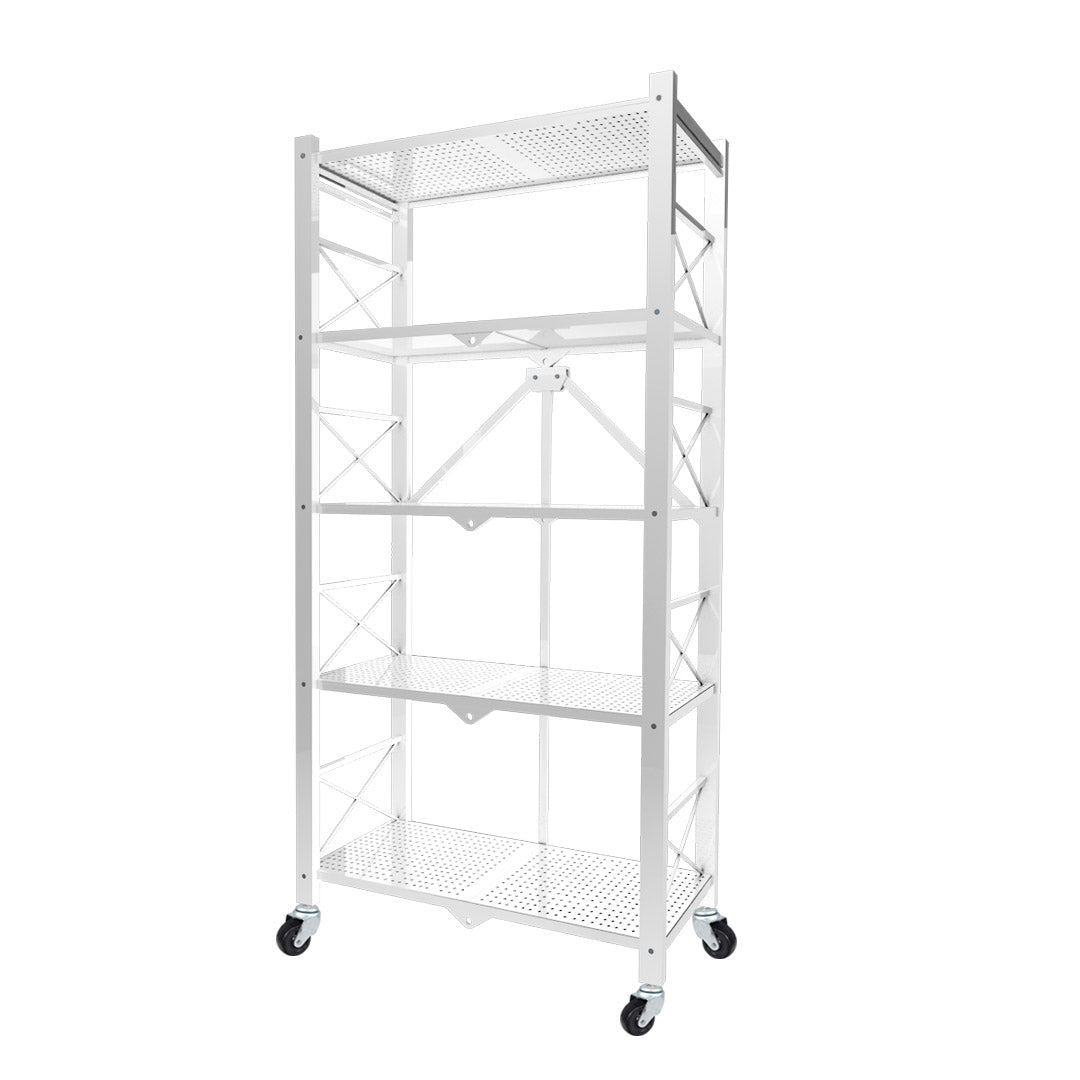 Premium 5 Tier Steel White Foldable Display Stand Multi-Functional Shelves Portable Storage Organizer with Wheels - image1