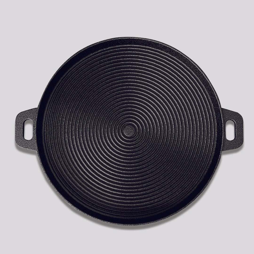 Premium 35cm Round Ribbed Cast Iron Frying Pan Skillet Steak Sizzle Platter with Handle - image3